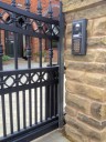 Gate 43 Close up view of vertical resistive saftey edges and GSM intercom on a wrought iron cantilever sliding gate. Sprotbrough Doncaster